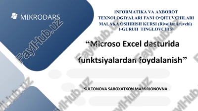 mikrodars, excelda funksiyalardan foydalanish — PPT