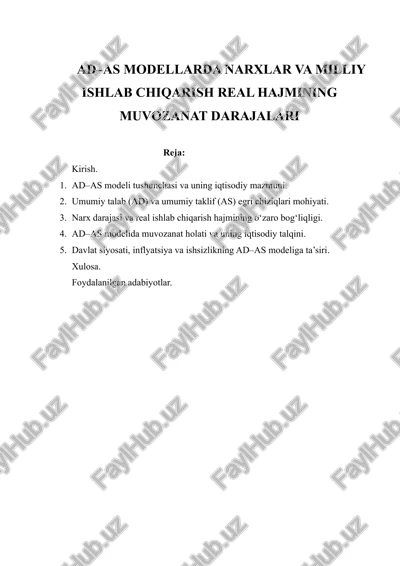 ad–as modellarda narxlar va milliy ishlab chiqarish real hajmining muvozanat darajalari — DOCX