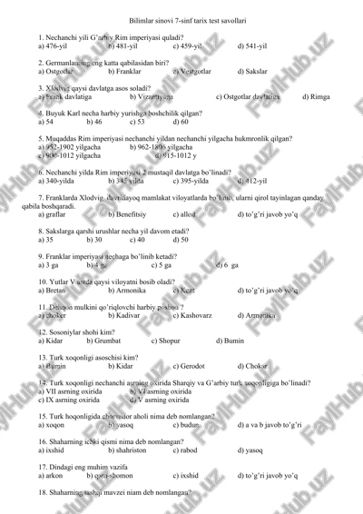 bilimlar sinovi 7-sinf tarix test savollari — DOC
