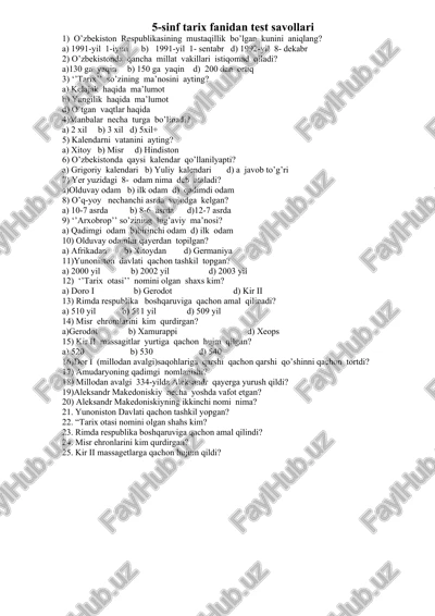 5-sinf tarix fanidan test savollari — DOC