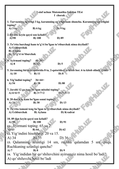 2-sinf uchun matematika fanidan test i chorak — DOCX