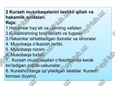 kurash musobaqalari va hakamlik qoidalari — PPTX