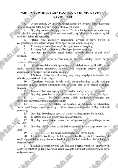 “moliyaviy risklar” fanidan yakuniy nazorat savollari. — DOCX
