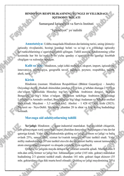 hindiston respublikasining so’nggi 10 yillikdagi iqtisodiy holati — DOCX