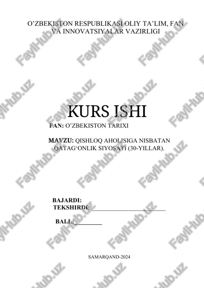 qishloq aholisiga nisbatan qatag‘onlik siyosati (30-yillar) — DOCX