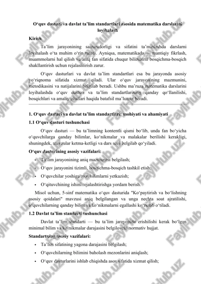 o‘quv dasturi va davlat ta’lim standartlari asosida matematika darslarini loyihalash — DOCX