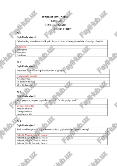 o’zbekiston tarixi fanidan test savollari 2-kurs uchun — DOCX