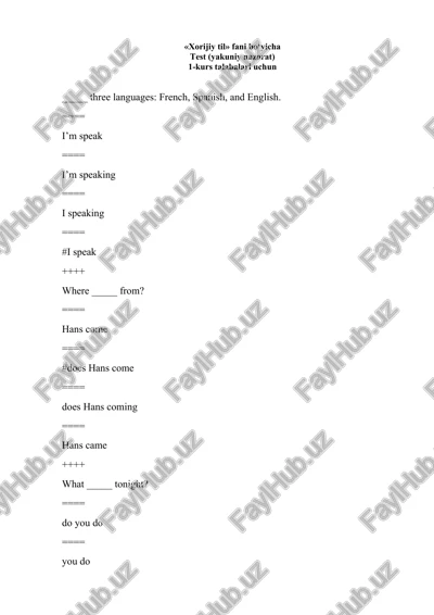 xorijiy til fani bo‘yicha test (yakuniy nazorat) 1-kurs talabalari uchun — DOCX