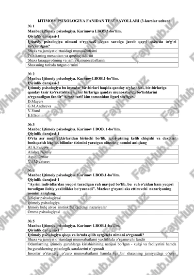 ijtimoiy psixologiya fanidan test savollari (3-kurslar uchun) — DOCX