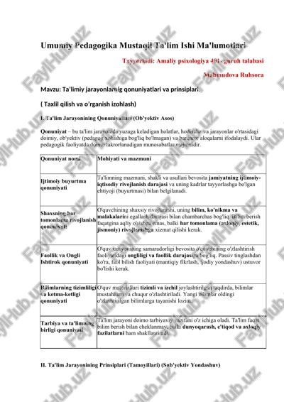umumiy pedagogika mustaqil ta'lim ishi ma'lumotlari — DOCX