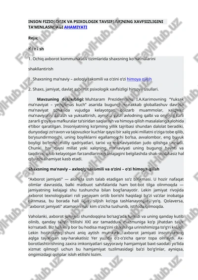 inson fiziologik va psixologik tavsiflarining xavfsizligini ta’minlashdagi — DOCX