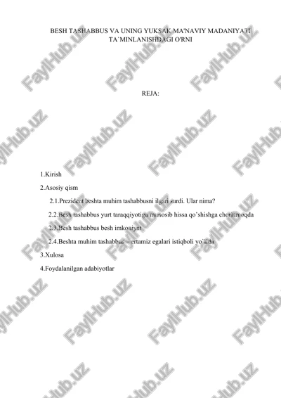 besh tashabbus va uning yuksak ma'nviy madaniyati ta`minlanishdagi o'rni — DOCX