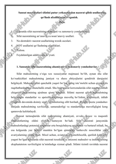 mahsulot sifatini putur yetkazmasdan nazorat qilish — DOCX