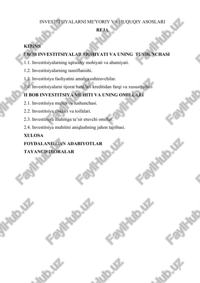 investitsiyalarni me'yoriy va huquqiy asoslari — PDF