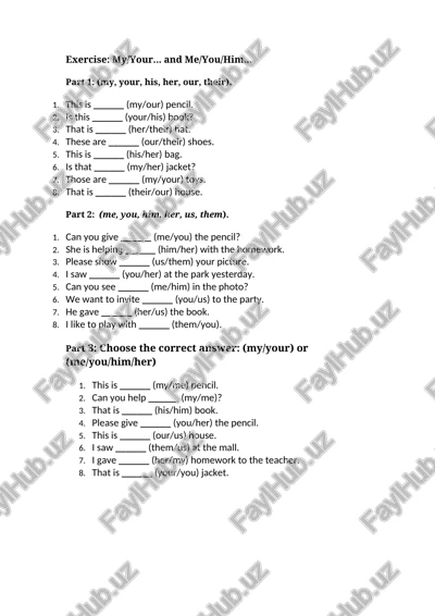my/your... and me/you/him... mavzusida ochiq test — DOCX