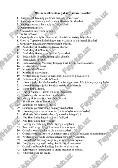 dinshunoslik fanidan yakuniy nazorat savollari — DOCX