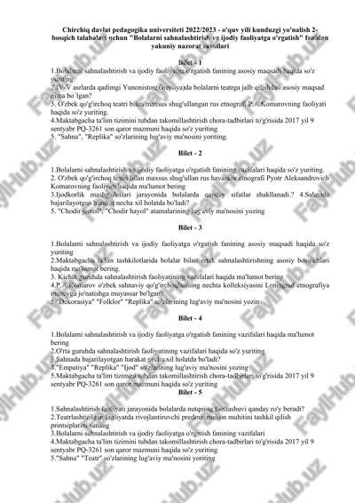 bolalarni sahnalashtirish va ijodiy faoliyatga o'rgatish nazorat savollari — DOCX