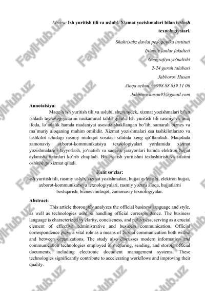 ish yuritish tili va uslubi. xizmat yozishmalari bilan ishlash texnologiyalari. — DOCX