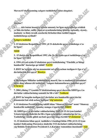 o'zbekistonning xalqaro tashkilotlar bilan aloqalari — DOCX