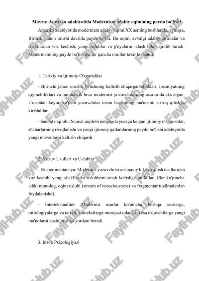 amerika adabiyotida modernism adabiy oqimining paydo bo’lishi — DOCX