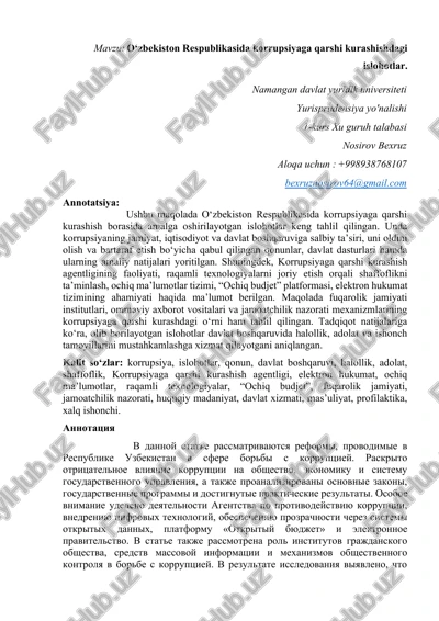 o‘zbekiston respublikasida korrupsiyaga qarshi kurashishdagi islohotlar — DOCX