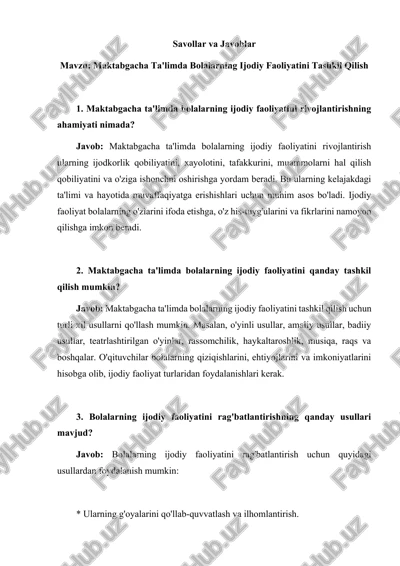 maktabgacha ta'limda bolalarning ijodiy faoliyatini tashkil qilish — DOCX