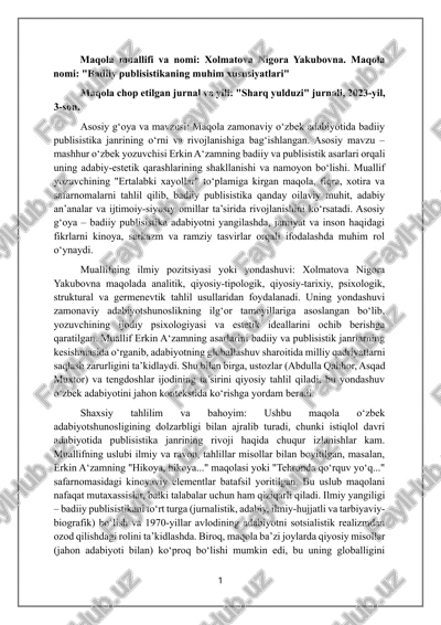 sharh maqola: xolmatova nigora yakubovna. maqola nomi: "badiiy publisistikaning muhim xus — DOCX