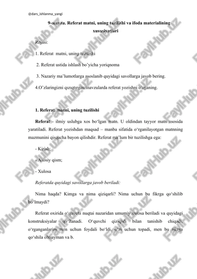 referat matni, uning tuzilishi va ifoda materialining xususiyatlari — DOCX