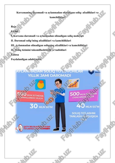 korxonaning daromadi va aylanmadan olinadigan soliq: afzalliklari va kamchiliklari — DOCX