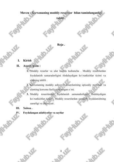 korxonaning moddiy resurslar bilan taminlanganligi — DOCX