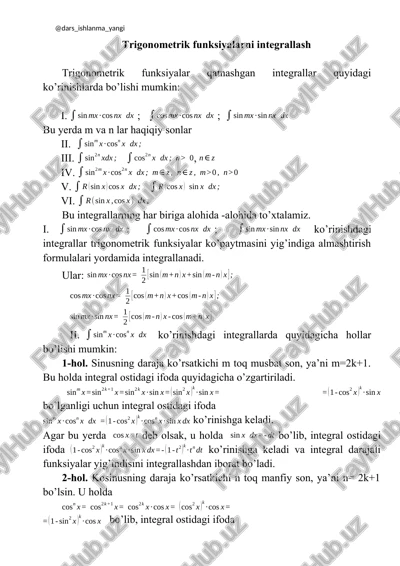 trigonometrik funksiyalarni integrallash — DOCX