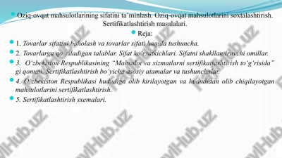 oziq-ovqat mahsulotlarining sifatini ta’minlash. oziq-ovqat mahsulotlarini soxtalashtirish. sertifikatlashtirish masalalari — PPTX