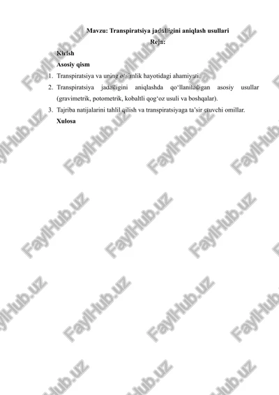 transpiratsiya jadalligini aniqlash usullari — DOCX