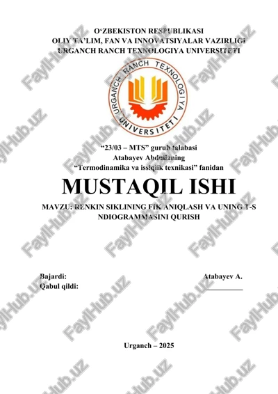 "termodinamika va issiqlik texnikasi" fanidan mustaqil ishi — DOCX
