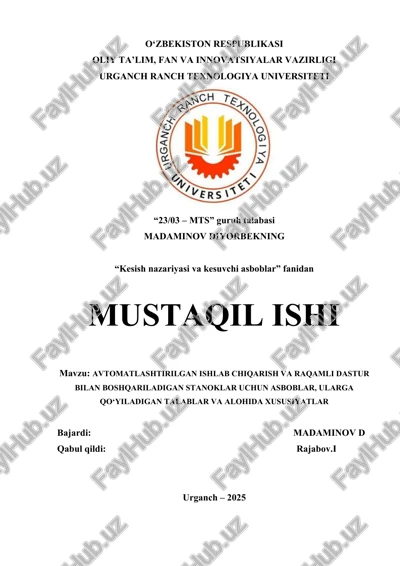 avtomatlashtirilgan ishlab chiqarish va raqamli dastur bilan boshqariladigan stanoklar uchun asboblar — DOCX