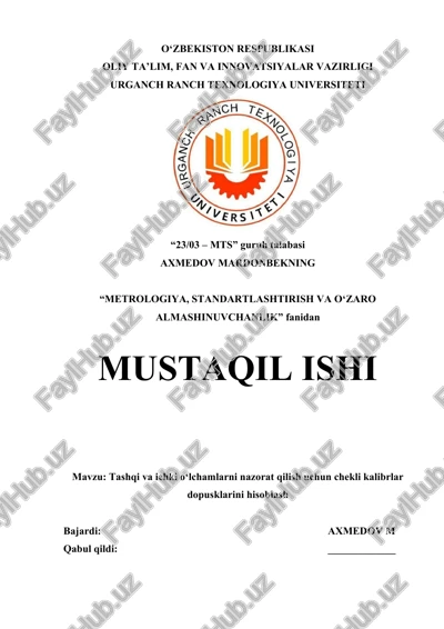 tashqi va ichki o‘lchamlarni nazorat qilish uchun chekli kalibrlar dopusklarini hisoblash — DOC