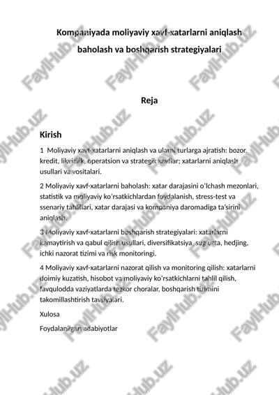 moliyaviy xavf-xatarlarni aniqlash va boshqarish strategiyalari — DOCX