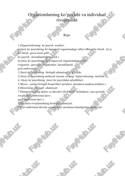 organizmlarning ko’payishi va individual rivojlanishi — DOCX