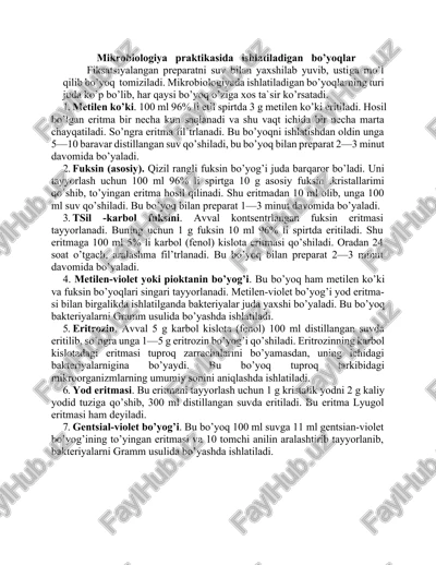 mikrobiologiya praktikasida ishlatiladigan bo’yoqlar — DOCX