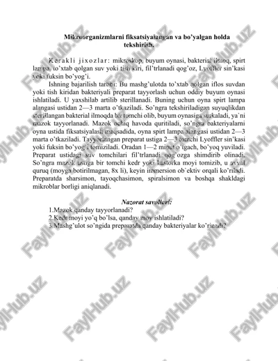 mikroorganizmlarni fiksatsiyalangan va bo’yalgan holda tekshirish — DOCX