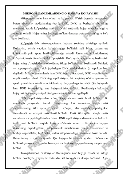 mikroorganizmlarning o'sishi va ko'payishi — DOC