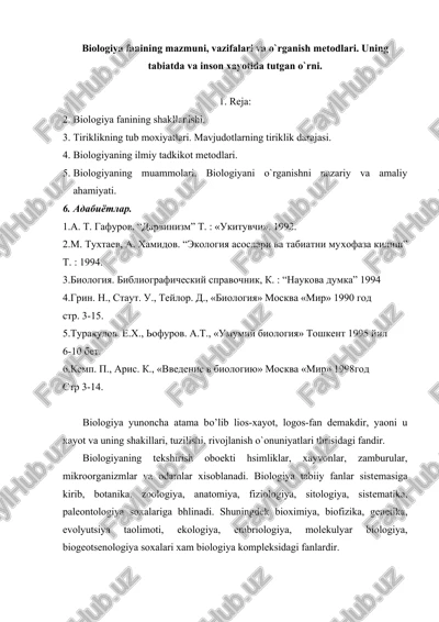 biologiya fanining mazmuni, vazifalari va o`rganish metodlari — DOC
