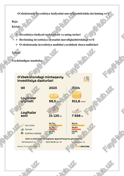 o‘zbekistonda investitsiya faoliyatini muvofiqlashtirishda davlatning ro’li — DOCX