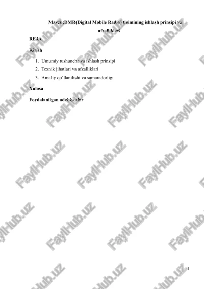 dmr(digital mobile radio) tizimining ishlash prinsipi va afzalliklari — DOCX