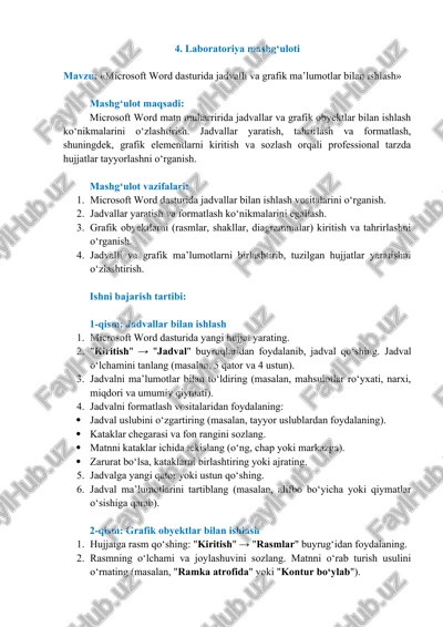 microsoft word dasturida jadvalli va grafik ma’lumotlar bilan ishlash — DOC