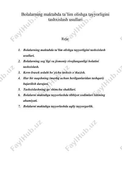 bolalarning maktabda ta’lim olishga tayyorligini tashxislash usullari — DOC