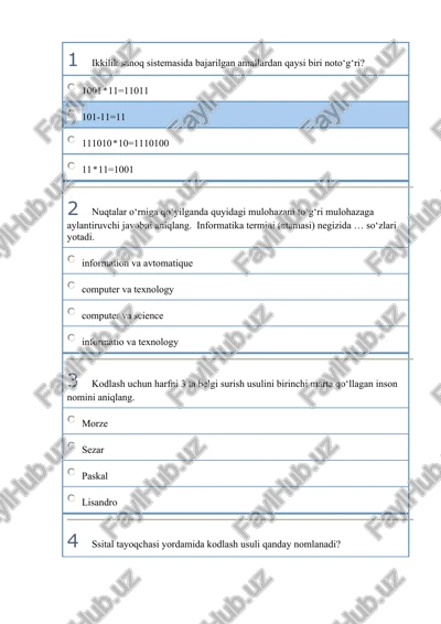 informatika attestatsiya imtihonlarida tushgan savollar to'plami — DOCX
