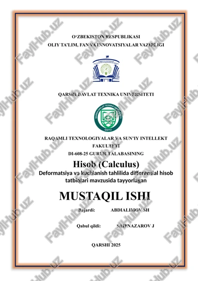 deformatsiya va kuchlanish tahlilida differensial hisob tatbiqlari. — DOCX
