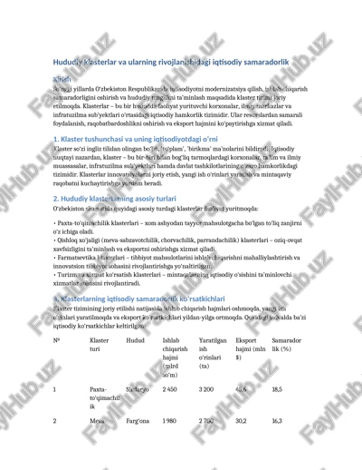 hududiy klasterlar — DOCX