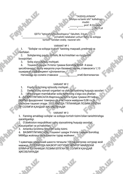 “soliq va soliqqa tortish” fanidan oraliq nazorat ishi — PDF